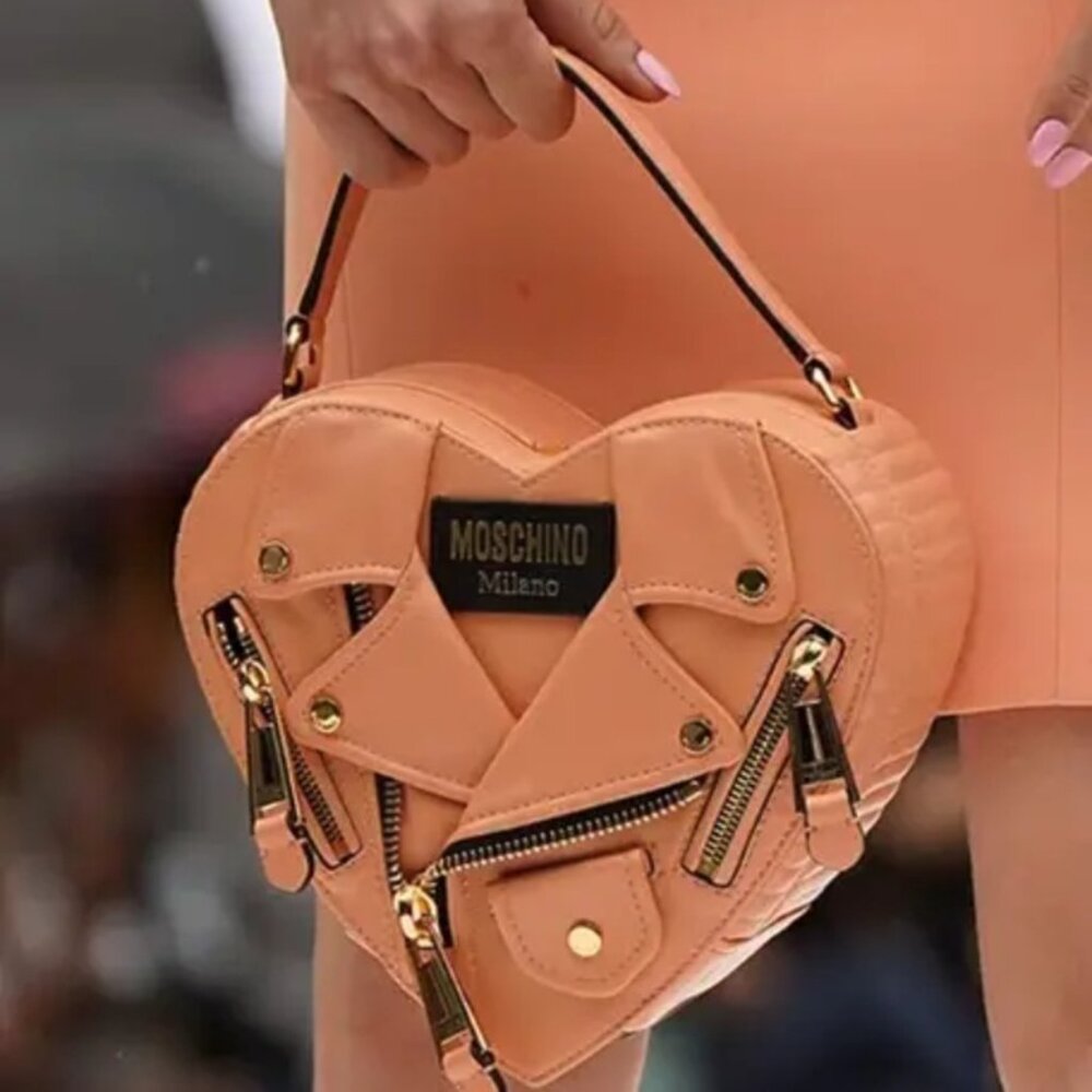 SS22 MOSCHINO Couture Jeremy Scott Peach Heart Shaped Leather Biker Jacket Bag